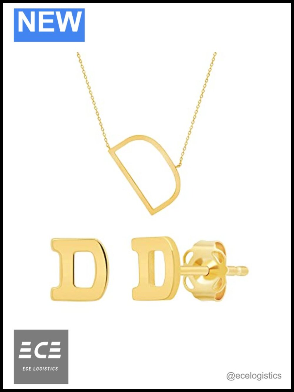 14k Yellow Gold Initial D Stud Earrings & 10k Gold Necklace Set
